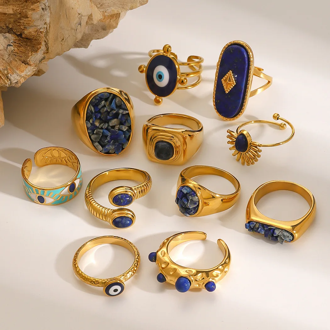 Goth Turkey Style Evil Eye Rings for Women Men 18K Gold Plated Waterproof Blue Natural Stone Chunky Knuckle Ring Wedding Jewelry