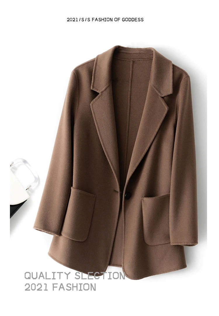 Neuer Damenmantel aus 100 % reiner Wolle mit Karomuster und Tweedst Fashion Camel-Damenmantel, eleganter Trenchcoat – Detail 5