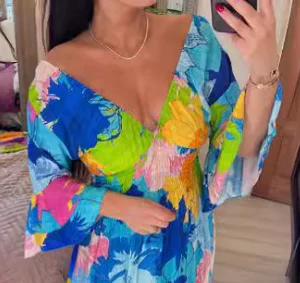 Summer New Women\'s Floral Fashion Long Sleeve Chic Long Dress Elastic Waist Slim Dress Feminine Elegant Midi Dress