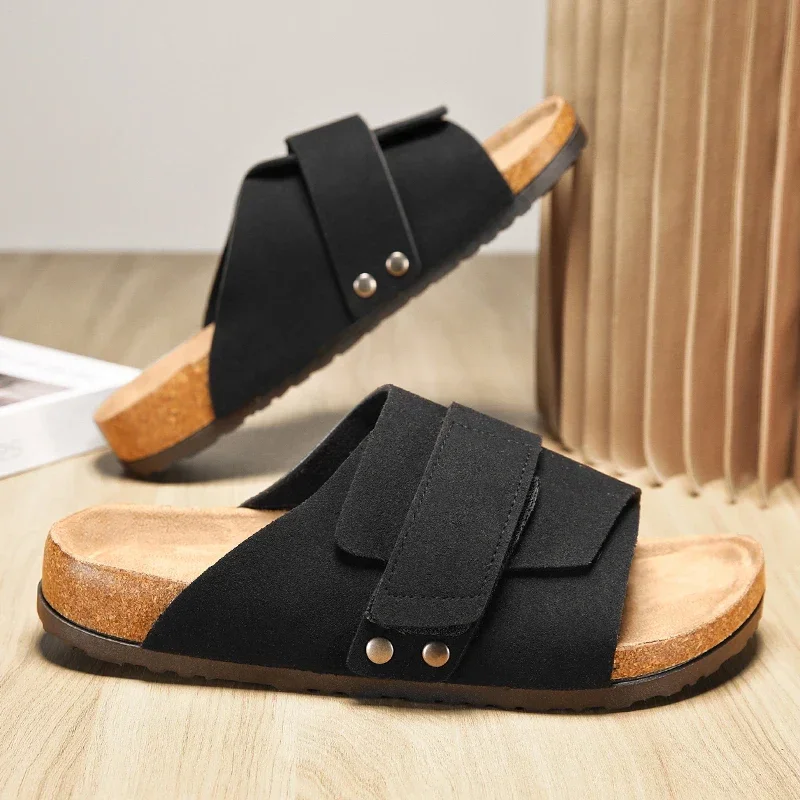 Cork Slippers Men Summer Beach Slides Suede Leather Womens Flat Sandals Fashionable Outdoor Male Mules Non Slip