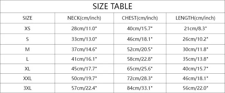 The Dog Face Puffer Coat Size Table