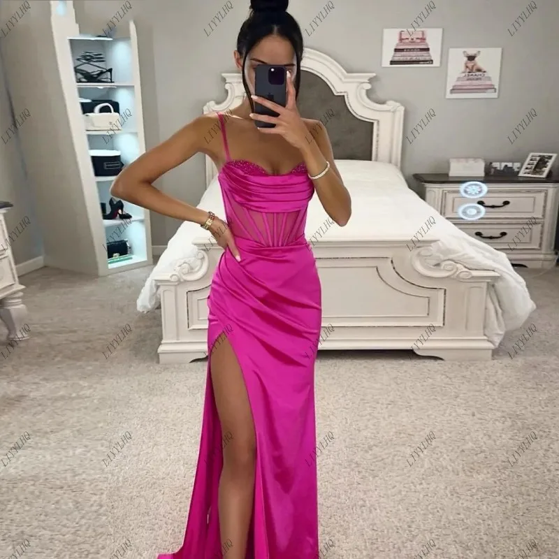 

LIYYLHQ Fuchsia Silk Satin Prom Dresses Appliques Pleats Split Side Spaghetti Strap Outfits Trumpet Women Formal Evening Dress