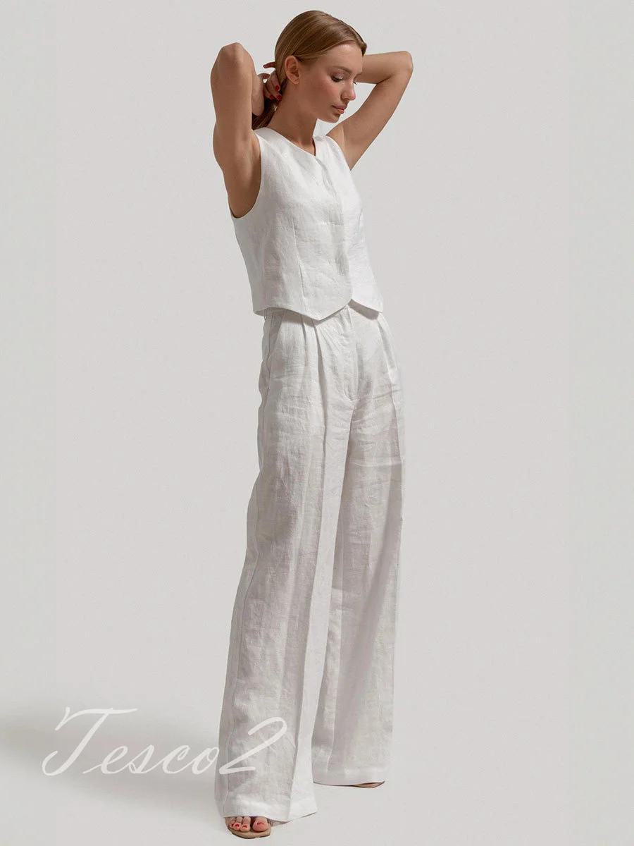 Tesco Vest Full Trousers Sets For Women 2024 Summer Office Lady Tops 2 Piece Casual White Linen Pants Sets For Wedding Party