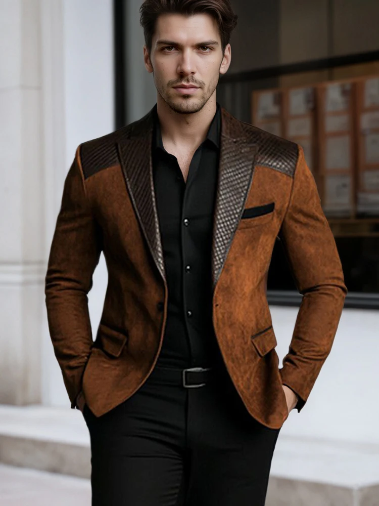 Men Brown Blazer Jacket Fake Suede Leather Patchwork Black Accents Lapel Long Sleeve Formal Business Casual Man Suit Jackets men suits jackets