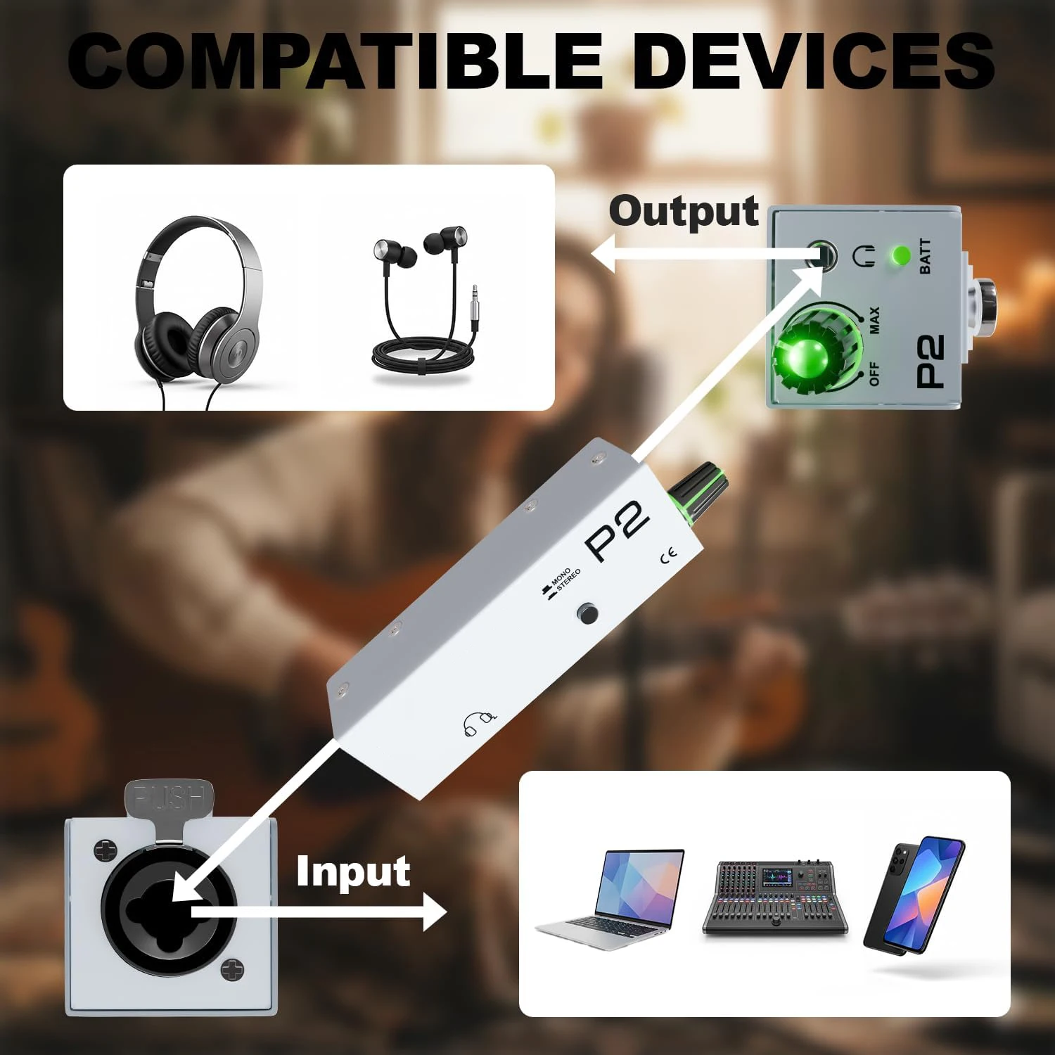 p2 인이어 모니터 앰프 내장 리튬 배터리 XLR/TRS 입력 3.5mm 출력 스테레오/모노