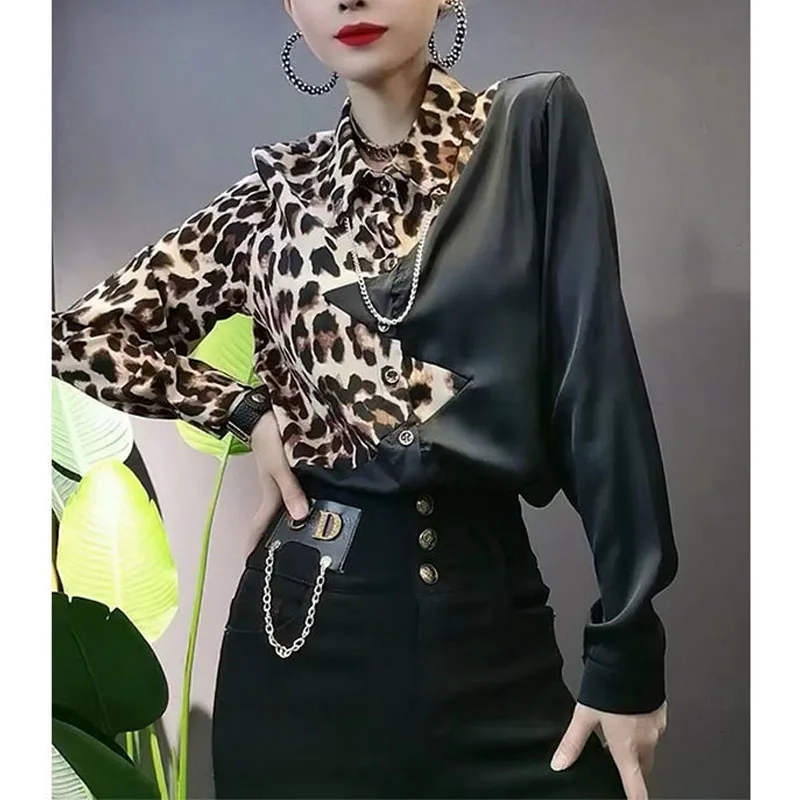 2024 Women's New Spring Autumn Polo-Neck Button Long Sleeve Fashion Slim Versatile Leopard Print Patchwork Commuter Shirt Tops