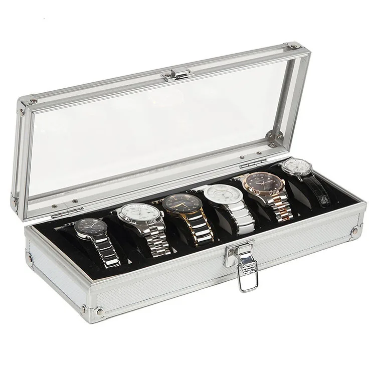 Useful Aluminium Watches Box 6/12 Grid Slots Jewelry Watches Display Storage Box Square Case Suede Inside Rectangle Watch Holder