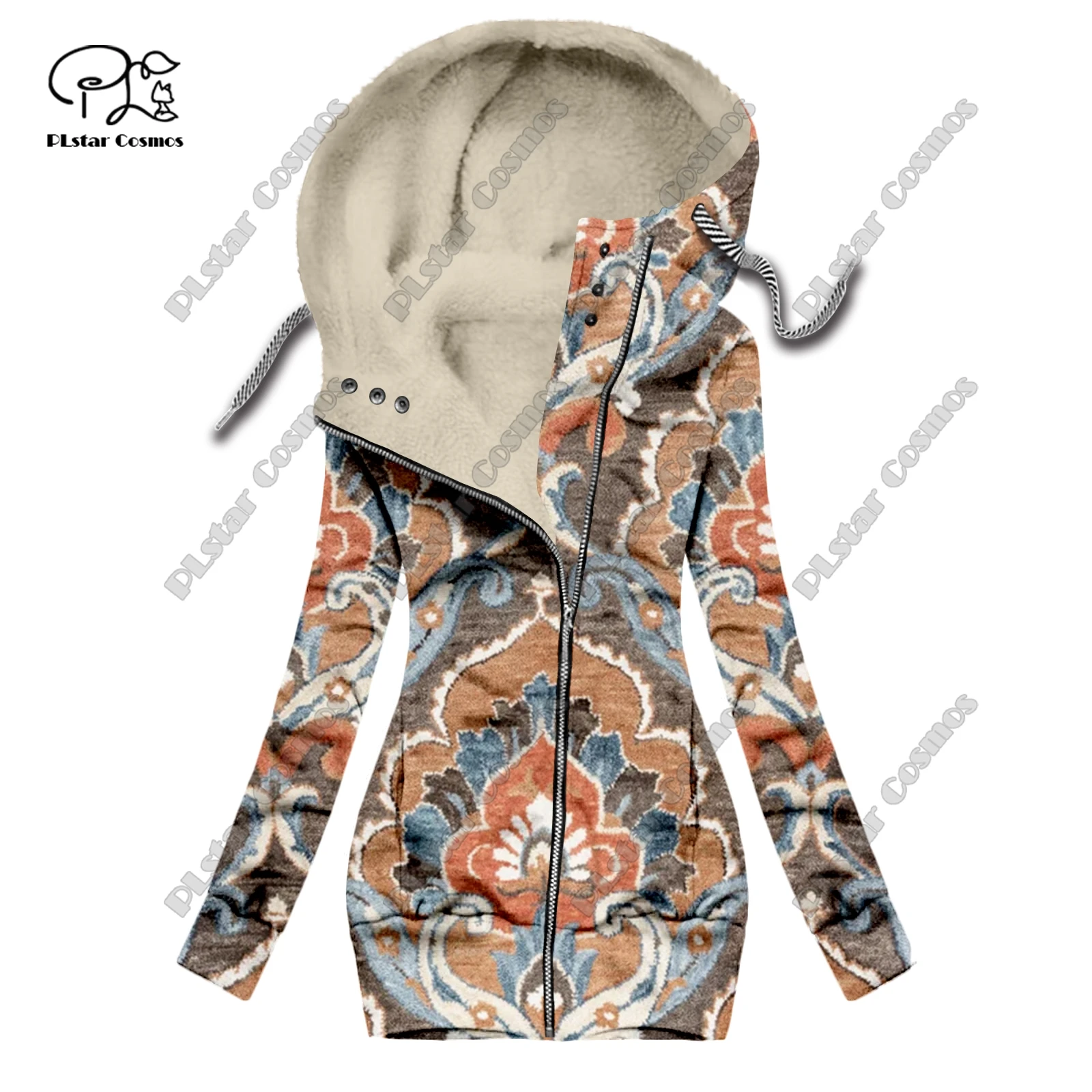 New 3D printing retro series carpet print pattern plus velvet warm women's long zipper hoodie jacket commuting casual winter F-6