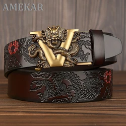 New Male China Dragon Belt Cowskin Genuine Leather Belt for Men Carving Dragon Pattern Automatic Buckle Belt Strap For Jeans