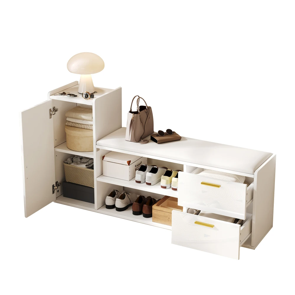 Hochglanz-Schuhschrankbank – gepolsterte Sitzplätze + 2 Schubladen und 1 Schrank, Schuhregal mit Stauraum, für Flur, Wohnzimmer, Büro – Detail 25