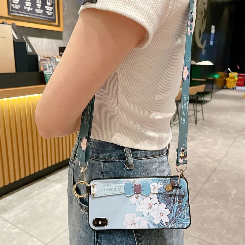 Floral Crossbody Lanyard Phone Case with Bow Design and Adjustable Neck & Wrist Strap