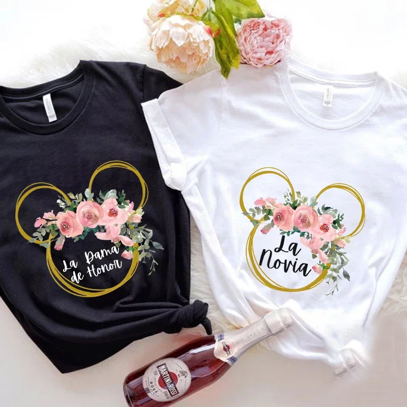 

Team Bride To Be T-shirt Spanish Girls Bachelorette Hen Party Tee Shirt Flower Bridal Wedding Women O Neck Short Sleeved Tops