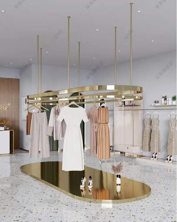 

Display rack suspended ceiling wall mounted women's shop middle island shelf stainless steel titanium gold men's shop