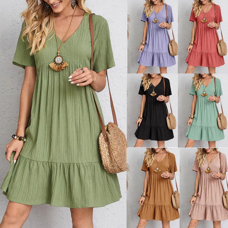 Women Summer V Neck Pleated Dress