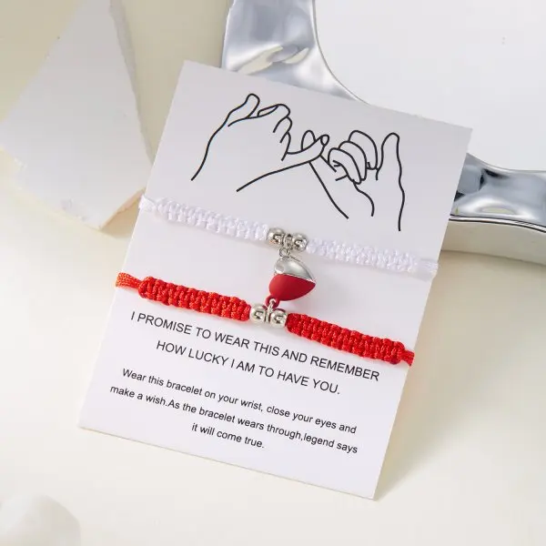 Bracelet porte-bonheur en corde tressée rouge, 2 pièces, pour femmes et hommes, cœur romantique, magnétique, assorti, bijoux pour amoureux de la saint-valentin