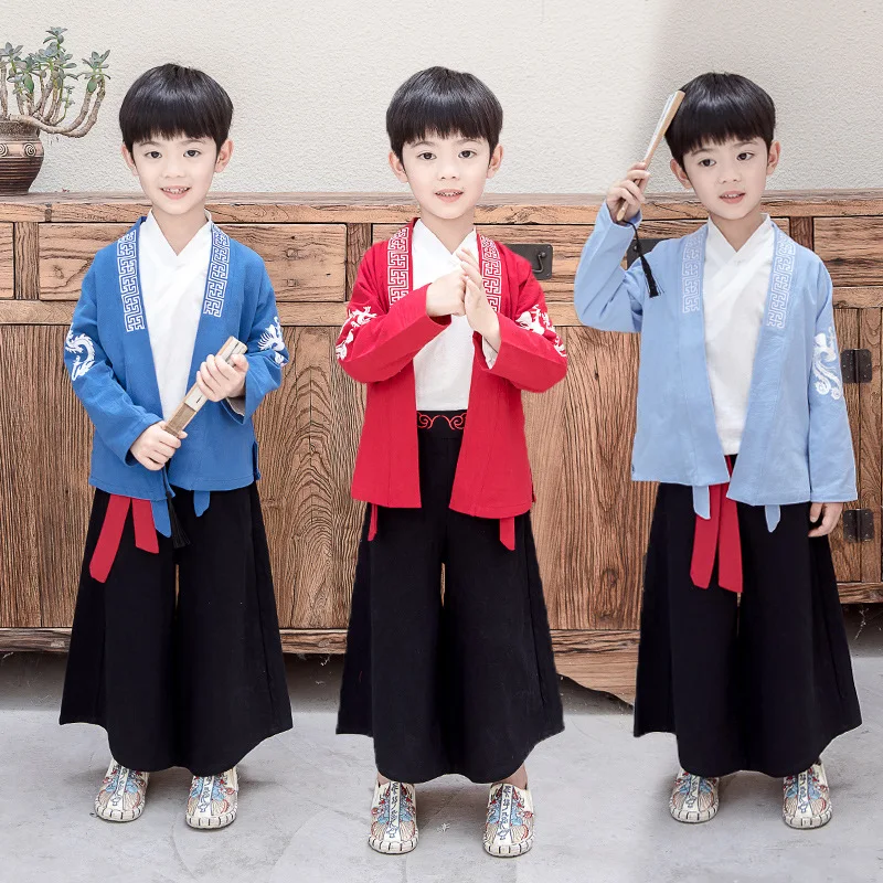 

New Retro Red Boy And Girl Chinese Style Traditional Hanfu Embroidery Dragon Phoenix Tang Suit Three Piece Set Role Play Costum