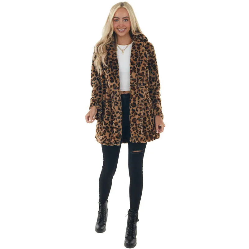 Autumn Winter Leopard Print Mid Length Jacket Top Women Fashion Temperament Imitation Parka Coat Loose Plush Women Outerwear