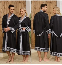 Elegant Baroque Print Silk Satin Kimono Robe - Women One Size (Black Gray)