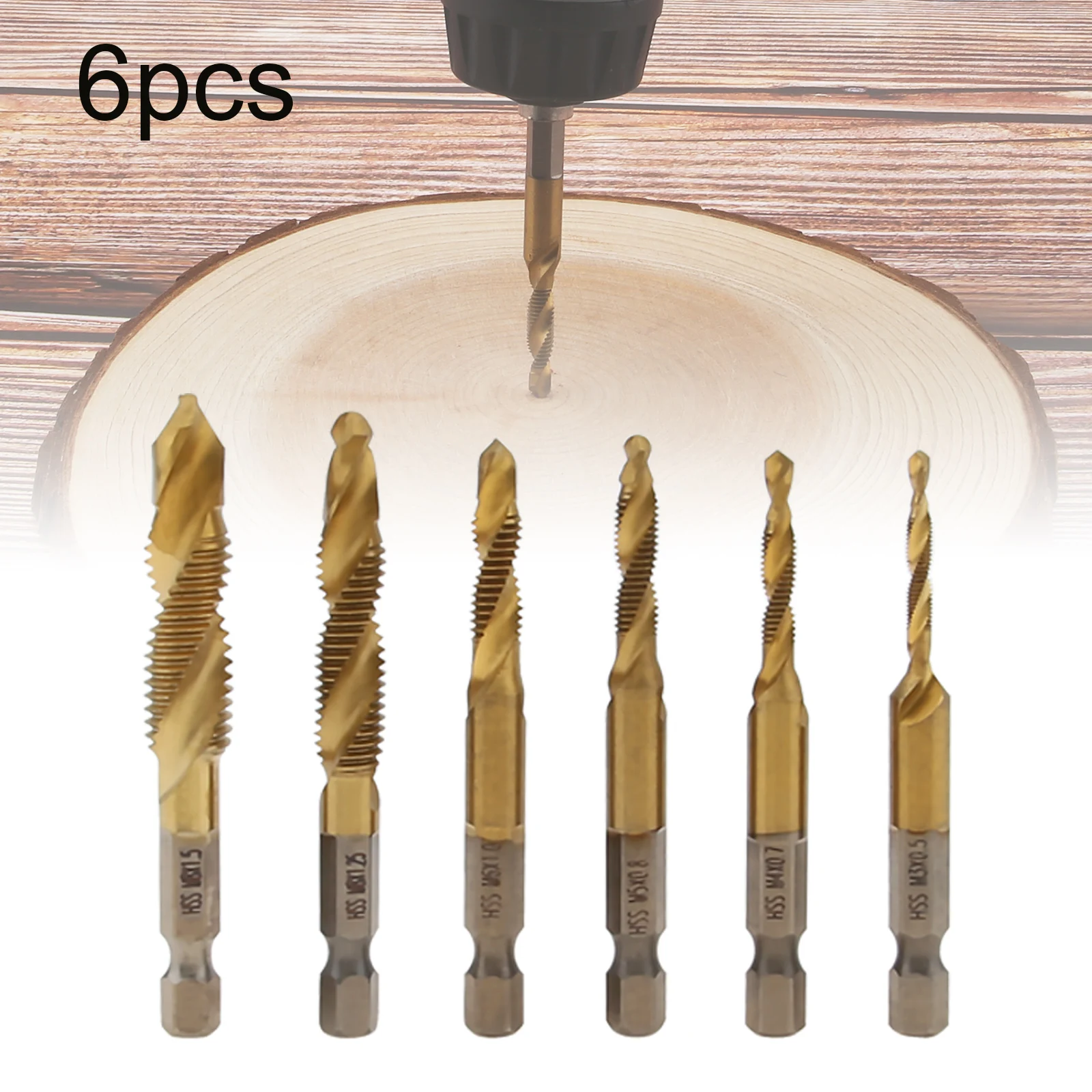 

6pcs/set Hex Shank Titanium Coated Countersink Tap Drill Bit Set M3-M10 HSS Screw Thread Metric Combination Tap Drill