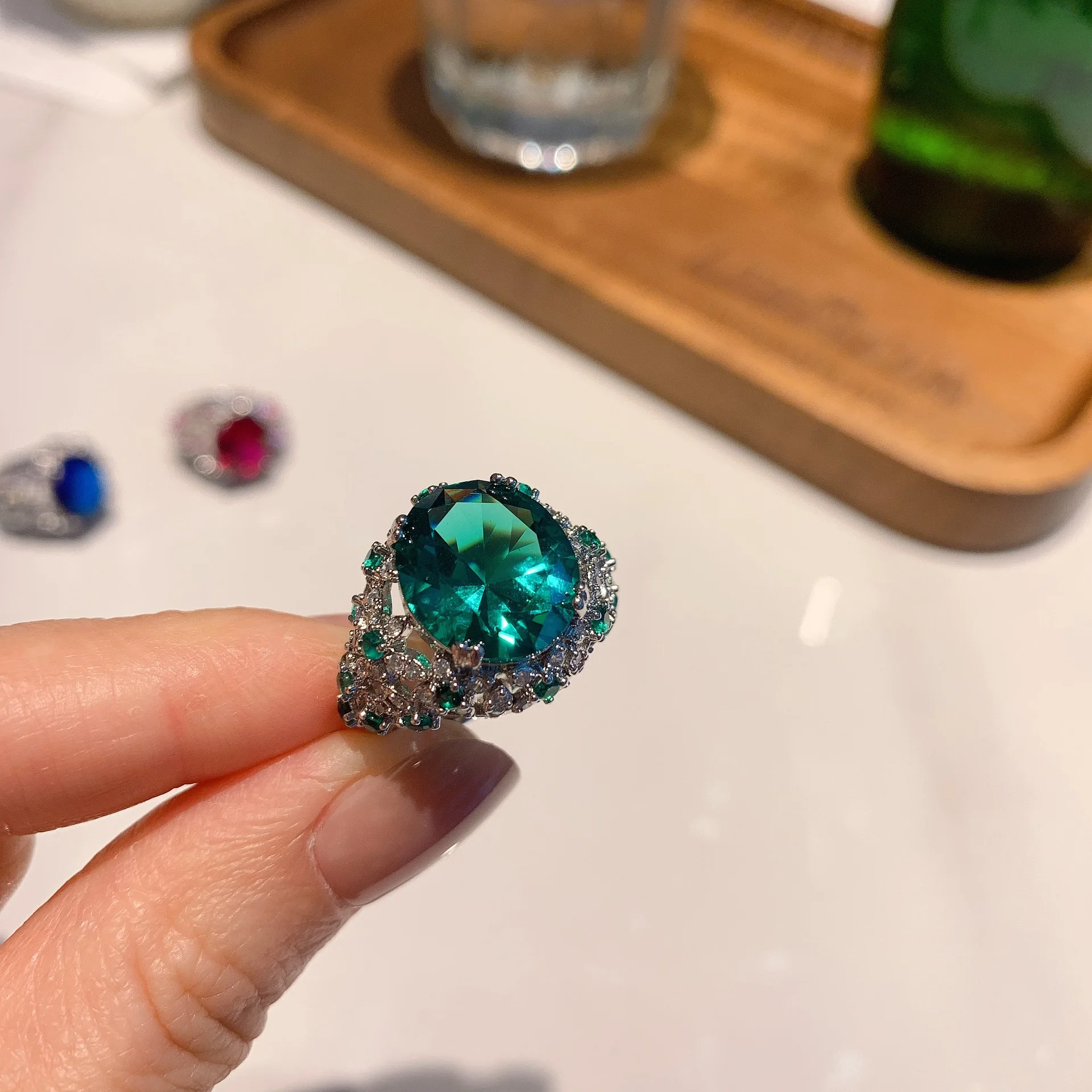 925 Sterling Silver Adjustable Opening Red Crystal Ring Sapphire Retro Luxurious Fashion For Women Jewelry Birthday Gift 12*14