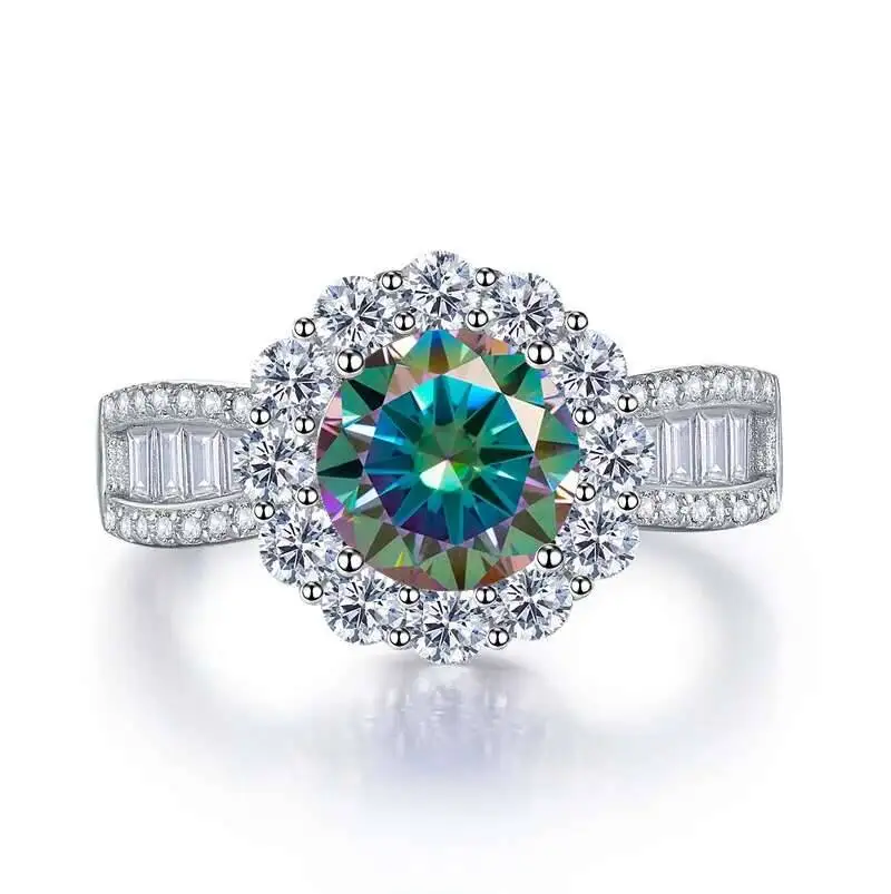 Elegant Round 2 Carat Pink Royal Blue Moissanite Sterling Silver Engagement Ring