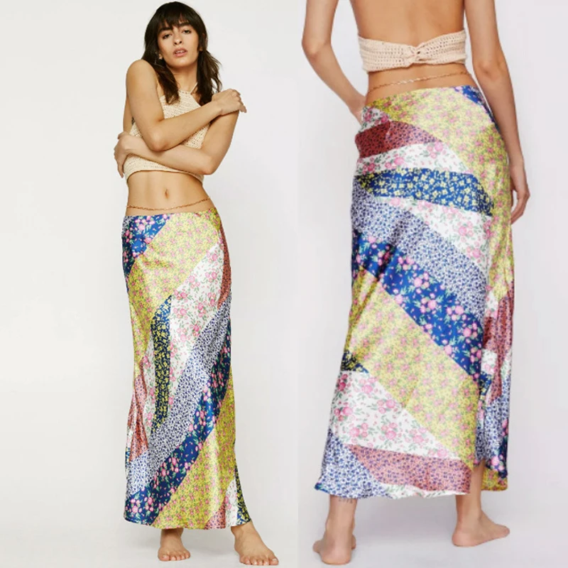 Printed Satin Silk Skirt Women High Waisted Summer Long Skirt Floral