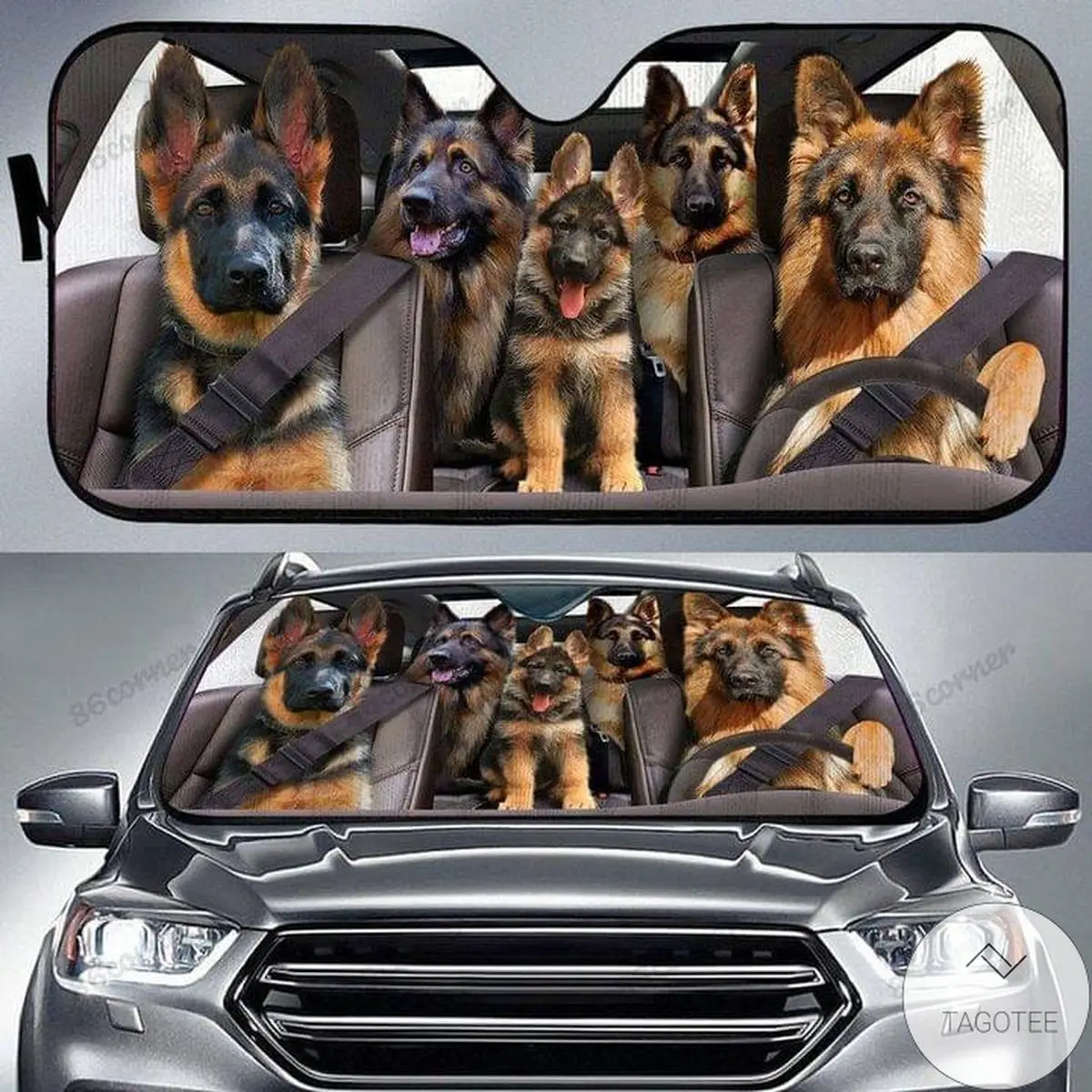 German Shepherd Family Driving Car Sunshade, Funny Dogs Auto Sun