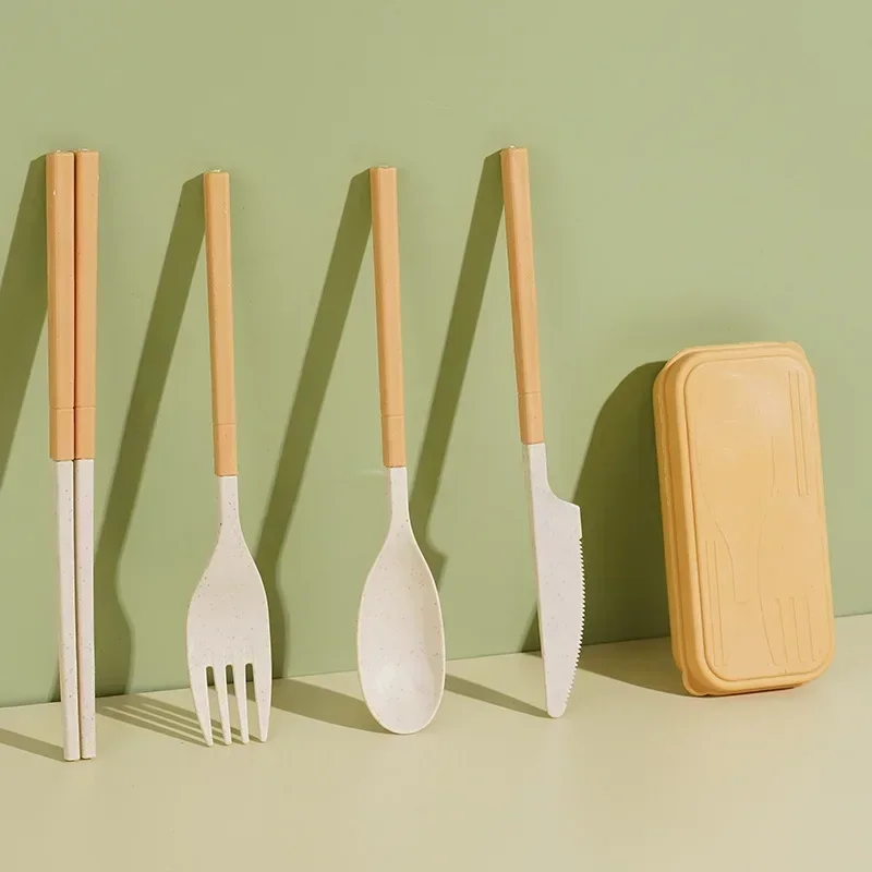 Wheat Straw Cutlery Students Spoons Forks Chopsticks With Box Tableware Travel Portable Travel Detachable Kitchen Accessories