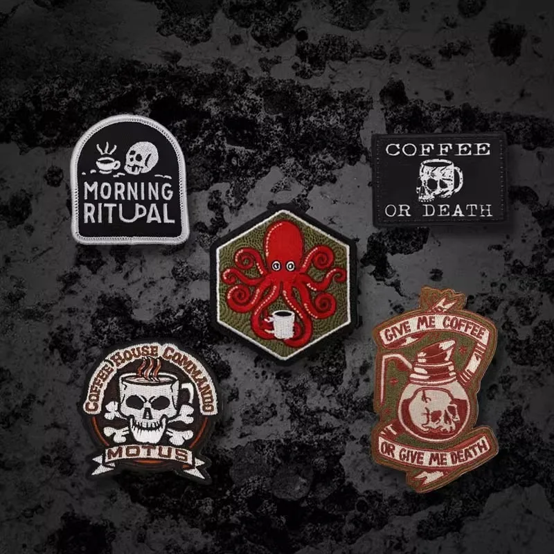 

Coffee Skull Octopus Embroidery Hook and Loop Patches Military Tactical Armband Morning Ritual Morale Badge Backpack Hat Sticker