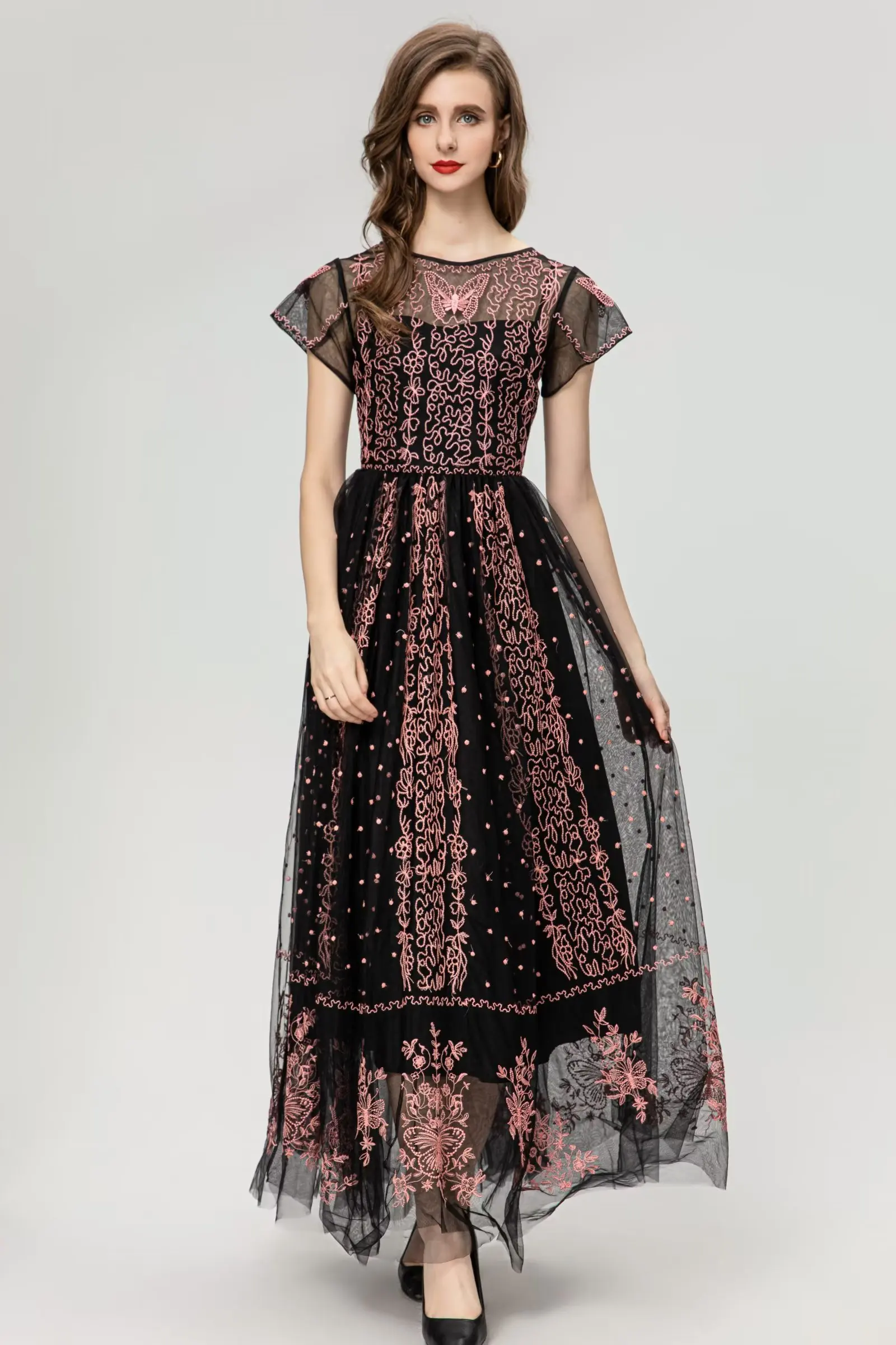 

Long Holiday Party Round Neck Short Sleeve Autumn 2023 Yarn Butterfly Bee Embroidered High Waist Dress