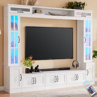 98" Wall Unit with LED Lights for TVs up to 80", Large Modern Wood Tall TVs Stand Console Table Storage Cabinet, TV Stand 1