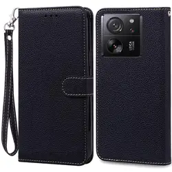 Leather Flip Wallet Phone Case - Sleek Silicone Cover and Protective s for Xiaomi 13T Pro (Black - Strap)