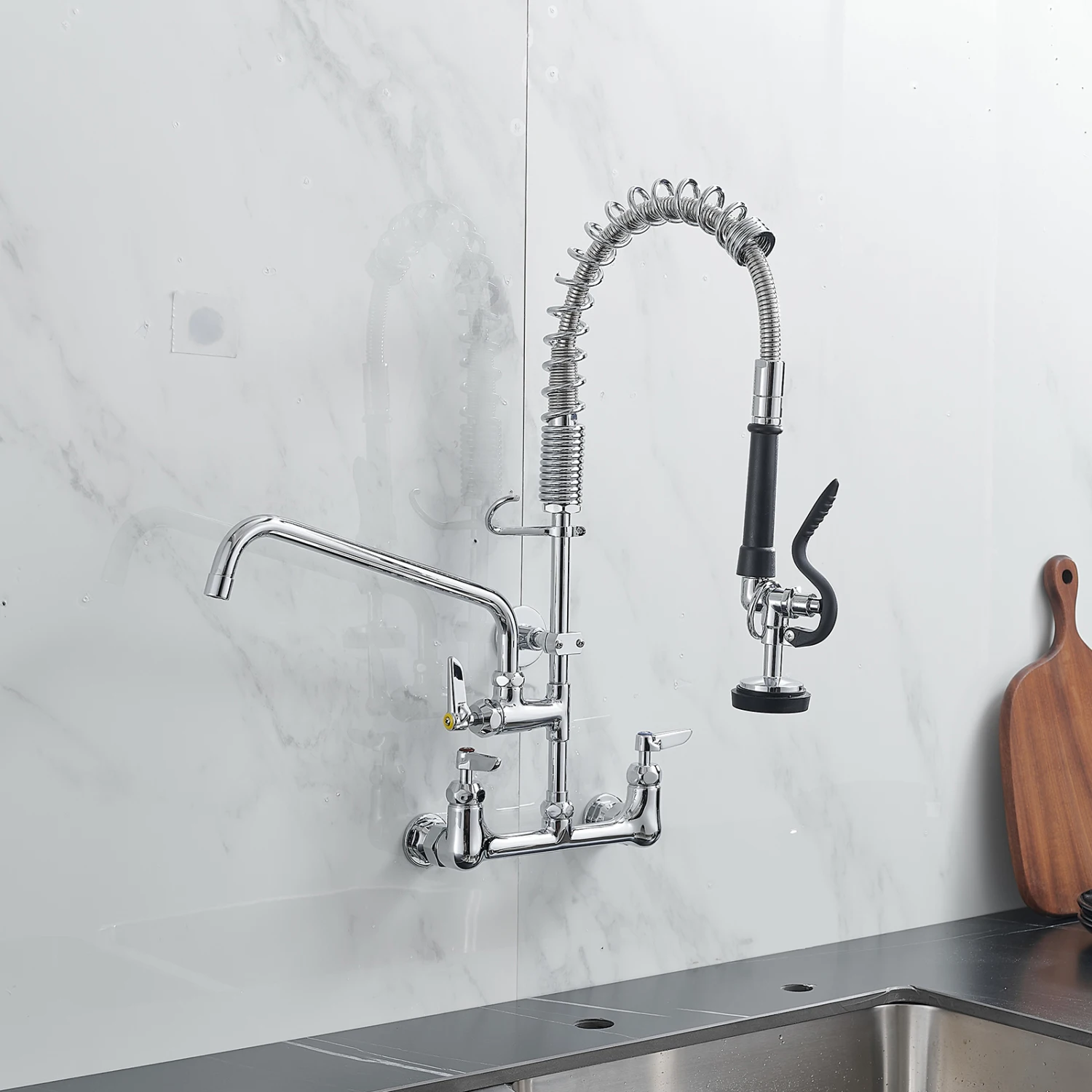 Commercial Kitchen Faucet Deck Mount with Pre-Rinse Sprayer 21" Height Kitchen Sink Faucet 8 Inch Center with 10" Add-on Swing S 4