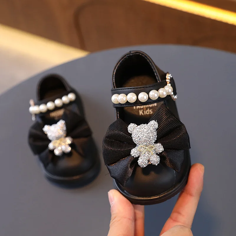 Congme 0-4Yrs Baby Girls Leather Shoes Newborn Toddler Kids Bow Pearl Flat Shoes Cute Crystal Bear Princess Dress