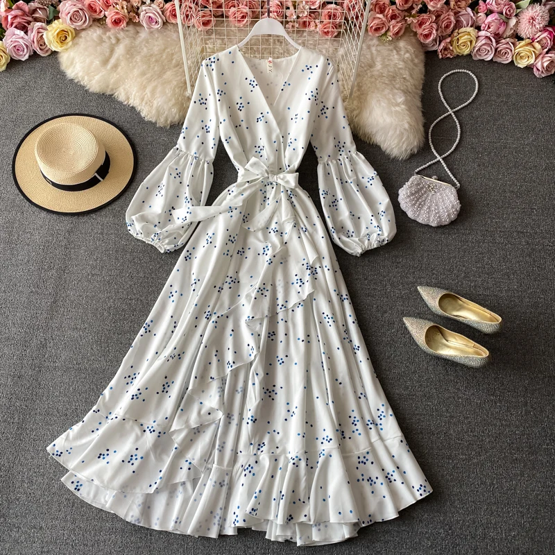 

Spring Autumn V Neck A Line Lantern Sleeve Dress Floral Print High Waist Mid Calf Women Party Dresses