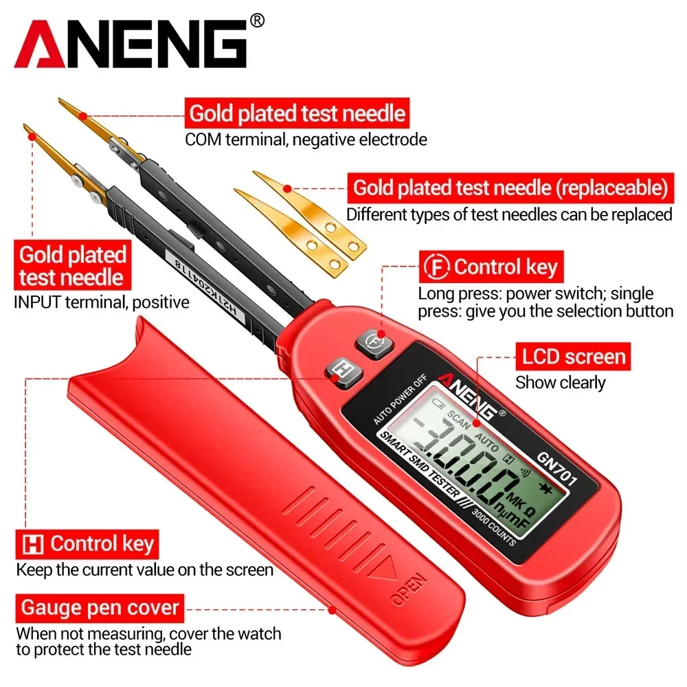Mini LCR SMD ESR Tester Smart tweezer Resistance ANENG GN701 Capacitance Continuity Diode test meter Multimeter measurement test