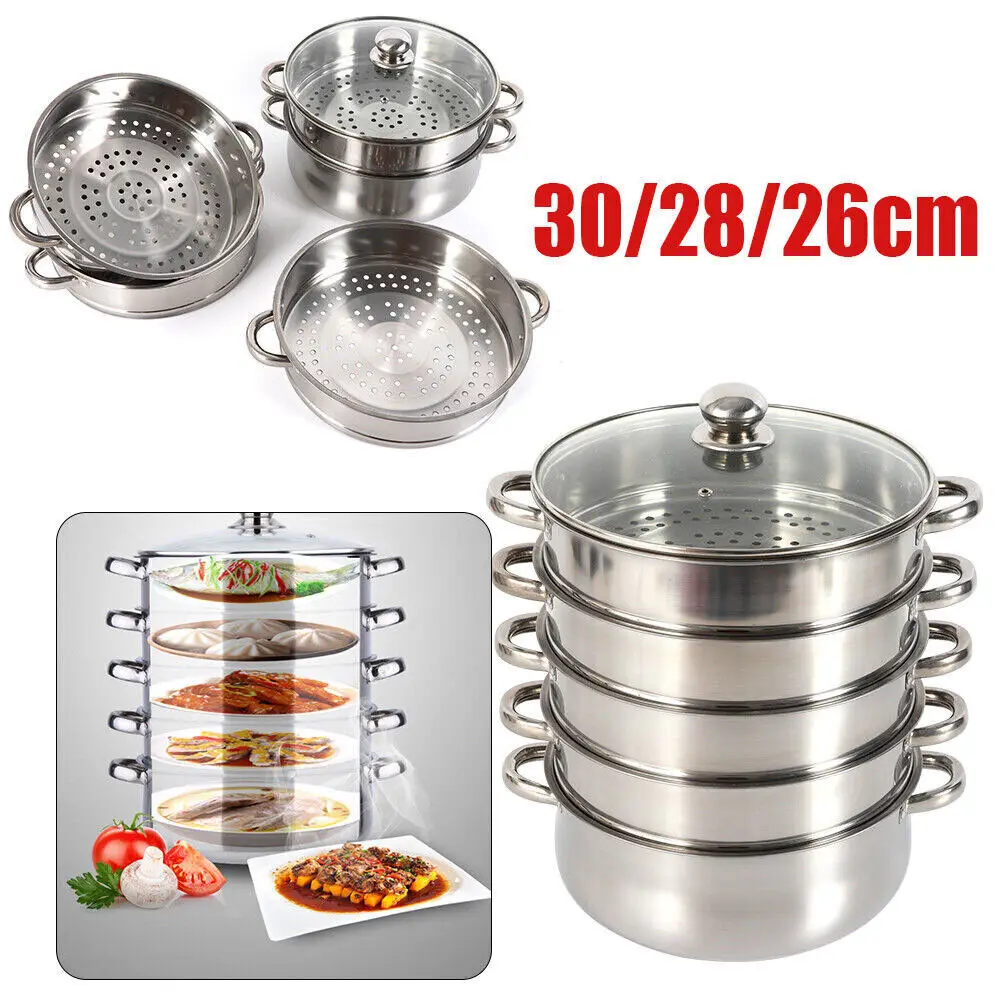 30CM 5 Tier Cook Food Veg Pot Large Stainless Steel Steam Cooker Steamer Kitchen