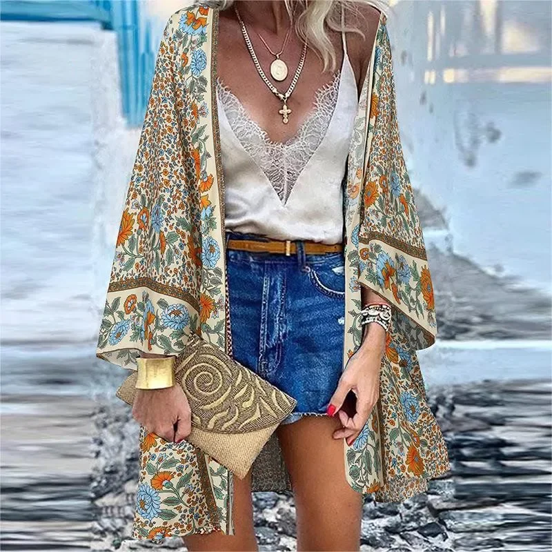 Bohemian Long Sleeve Women Cardigan Summer Open Front Floral Printed Kimono Casual Loose Beach Tops Plus Size