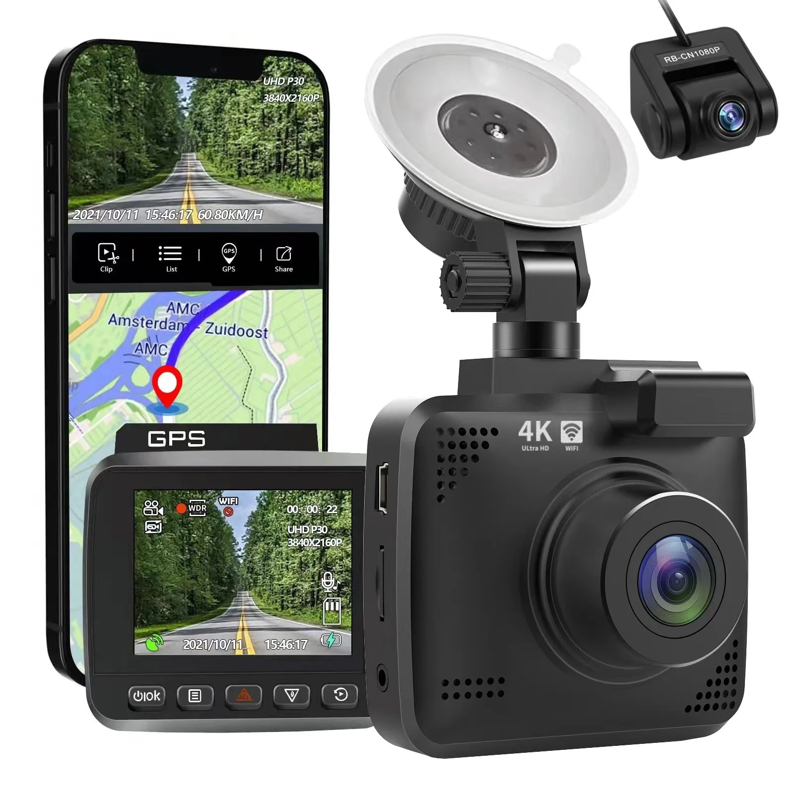 V53 Full HD Dash Cam Front Rear Dual Channel Car Dash Camera 4K+1080P With  GPS WiFi 170° Wide Angle High-definition Night Vision