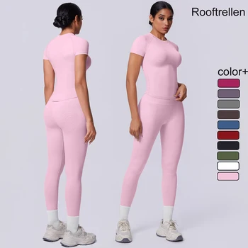 Rooftrellen New 2PCS/set Yoga Set Summer Quick Drying Fitness Sports Workout Top T-Shirt High Stretch Seamless Yoga Leggings Set