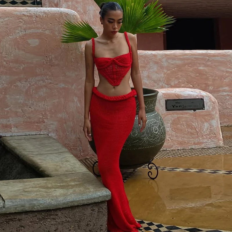 Sexy Bikini Long Skirt Set Women Sleeveless Backless Sling Vest Low Waist Hip Package Skirt 2025 Lady Holiday Beachwear Cover Up