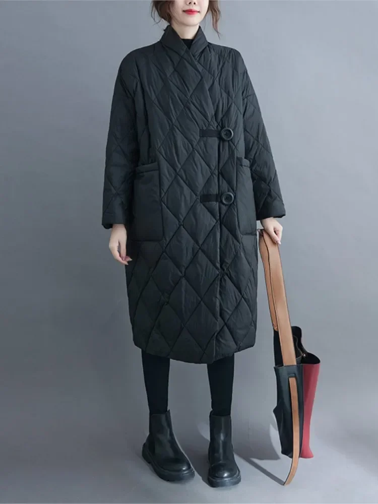 

Women's Winter Jacket Autumn Loose Fitting Artistic Standing Collar Solid Mid Length Knee Warm Cotton Jacket Woman Clothing