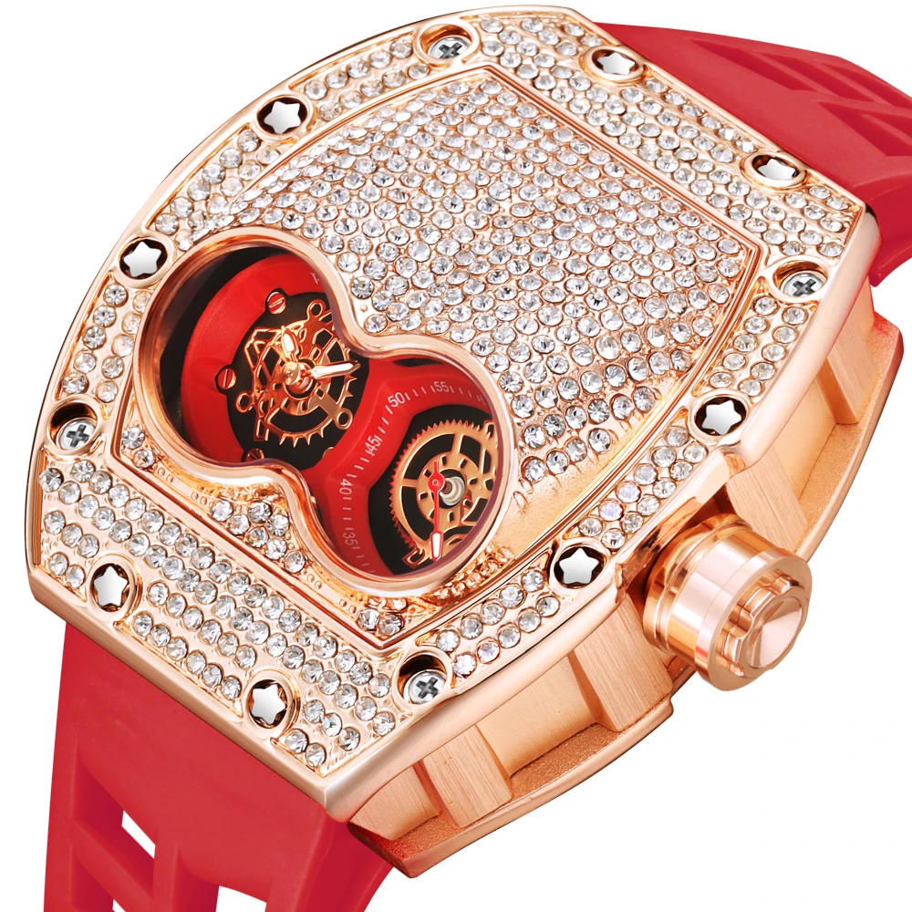 

PINTIME Men's Watch Fashion Diamond Iced Out Case Silicone Strap Luxury Quartz Wristwatches Montre Relogios Masculino Hot Sale