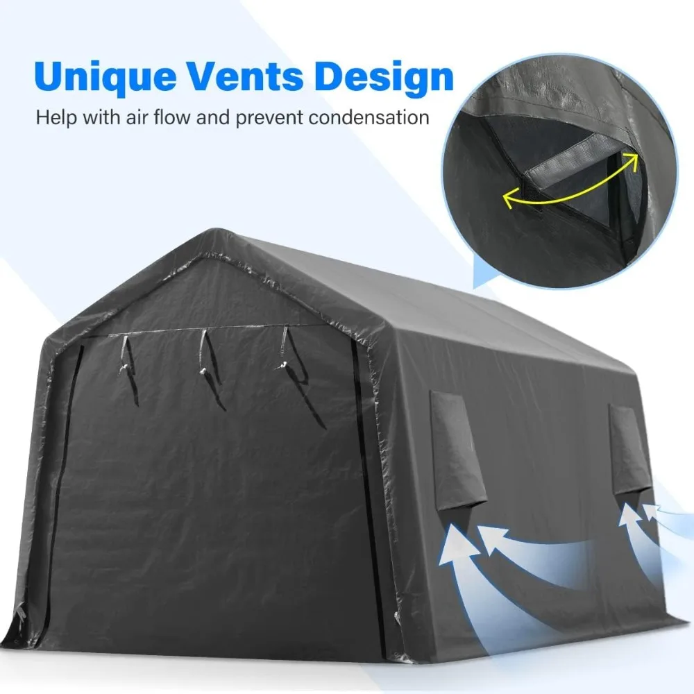 10X15 ft Garage Shelter Steel Metal Peak Roof Anti-Snow Portable Storage Shed Carport with 2 Roll up Doors & Vents