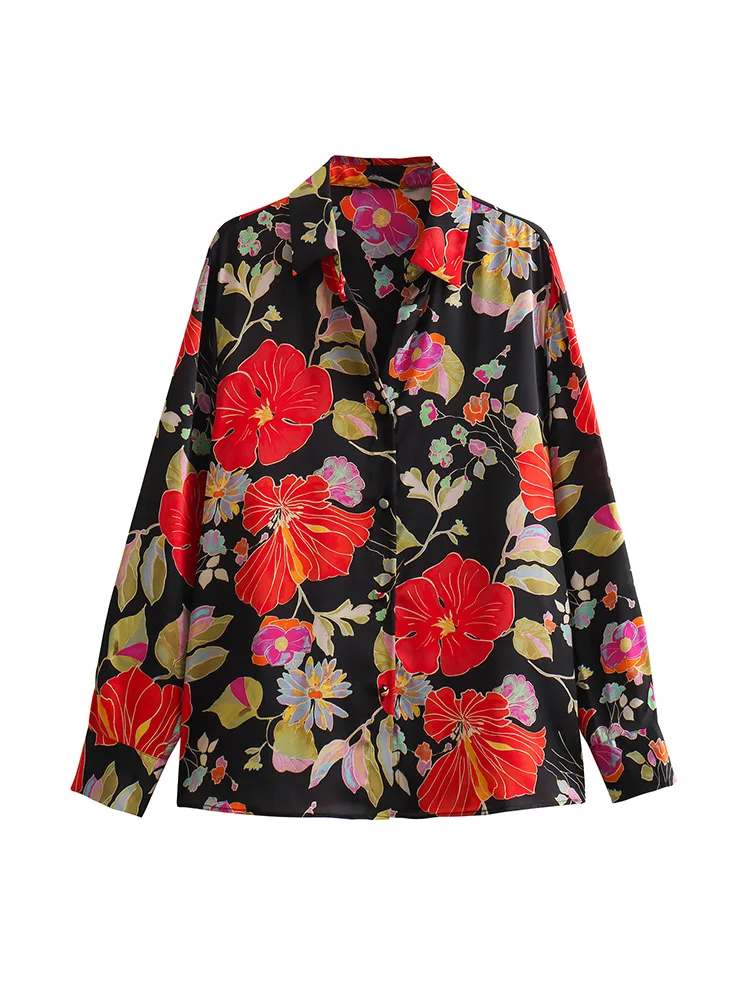 

Рубашки для женщин, одежда 2023, пуговицы спереди, боковые вырезы по низу, рубашка с v-образным вырезом и воротником, винтажная рубашка с цветочным принтом, топ с длинным рукавом