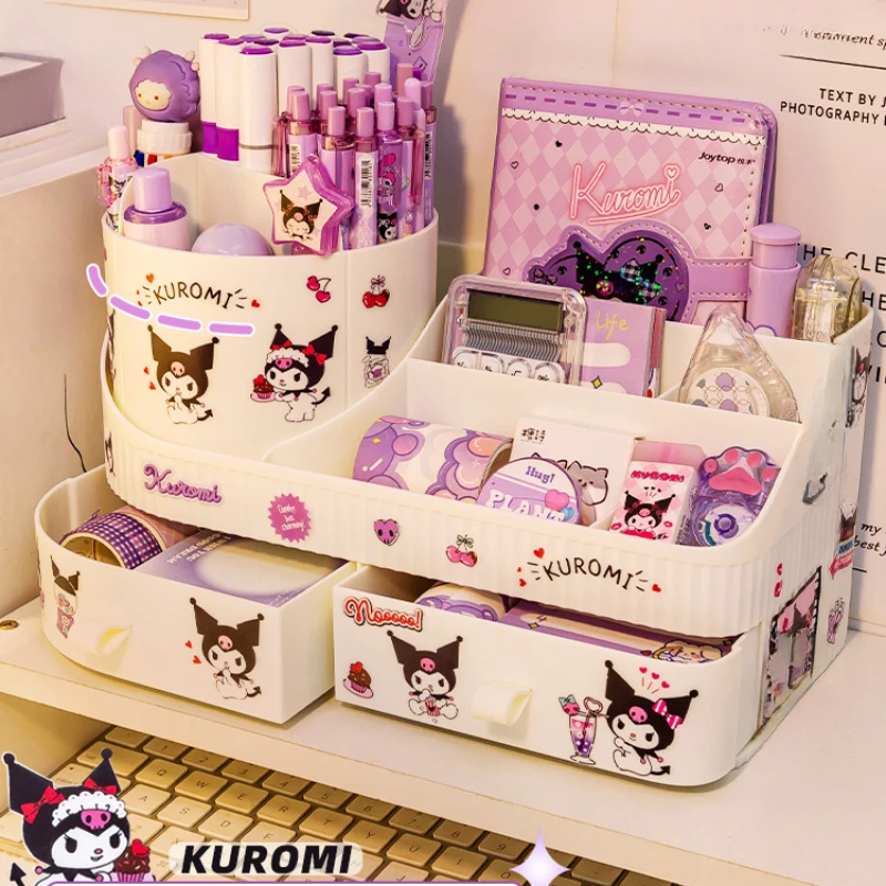Pen Holder Kawaii Sanrio Kuromi Rotating Drawer Pen Holder Storage Box Organizer Large Capacity Desktop Cute Multi-functional Storage Rack