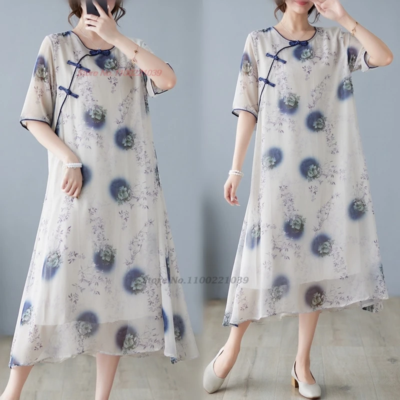 

2024 chinese vintage dress improved qipao national flower print cheongsam traditional dress oriental ethnic folk a-line dress