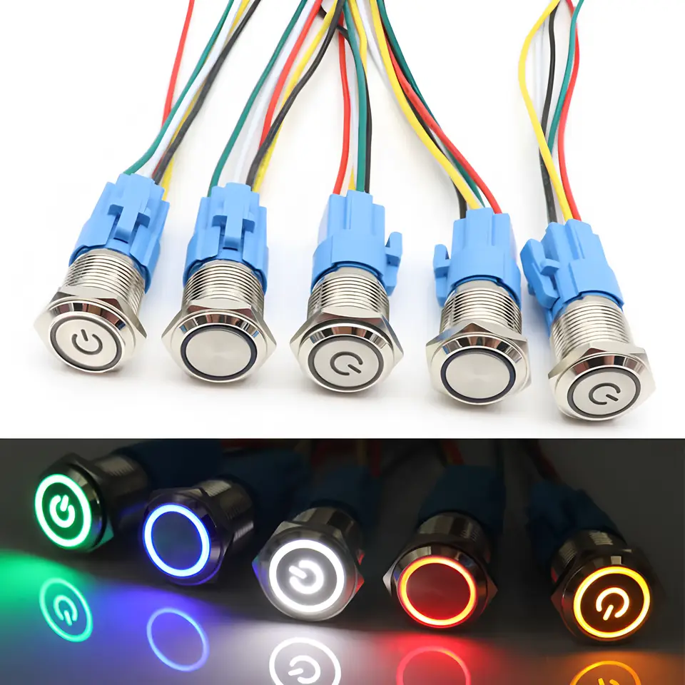 16mm 19mm 22mm Metal Push Button Switch Momentary/Latching Flat Head Led Light Red Yellow Blue Green White 3V 12V 24V 220V image 1