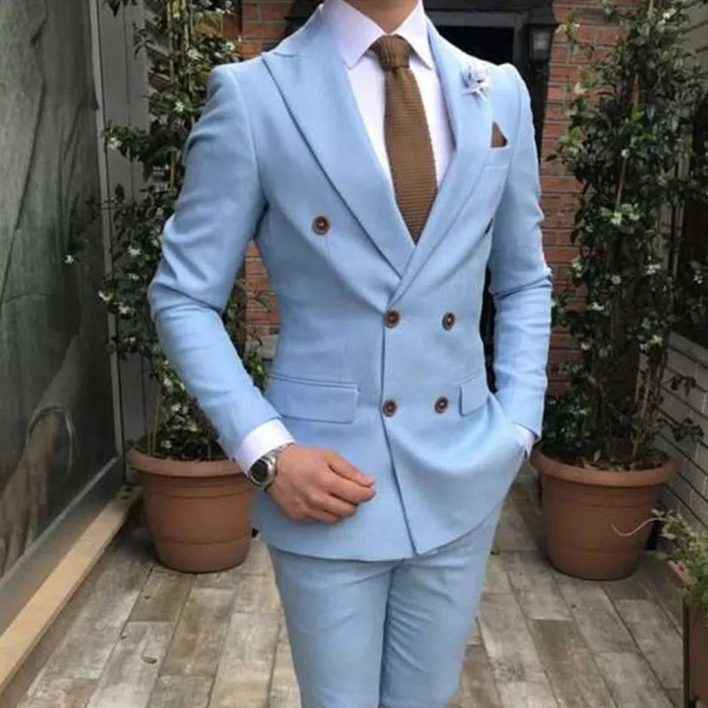 Slim Fit Double Breasted Suits for Men 2 Piece Light Blue Wedding Tuxedo for Groom with Peaked Lapel Custom Man Fashion Costume