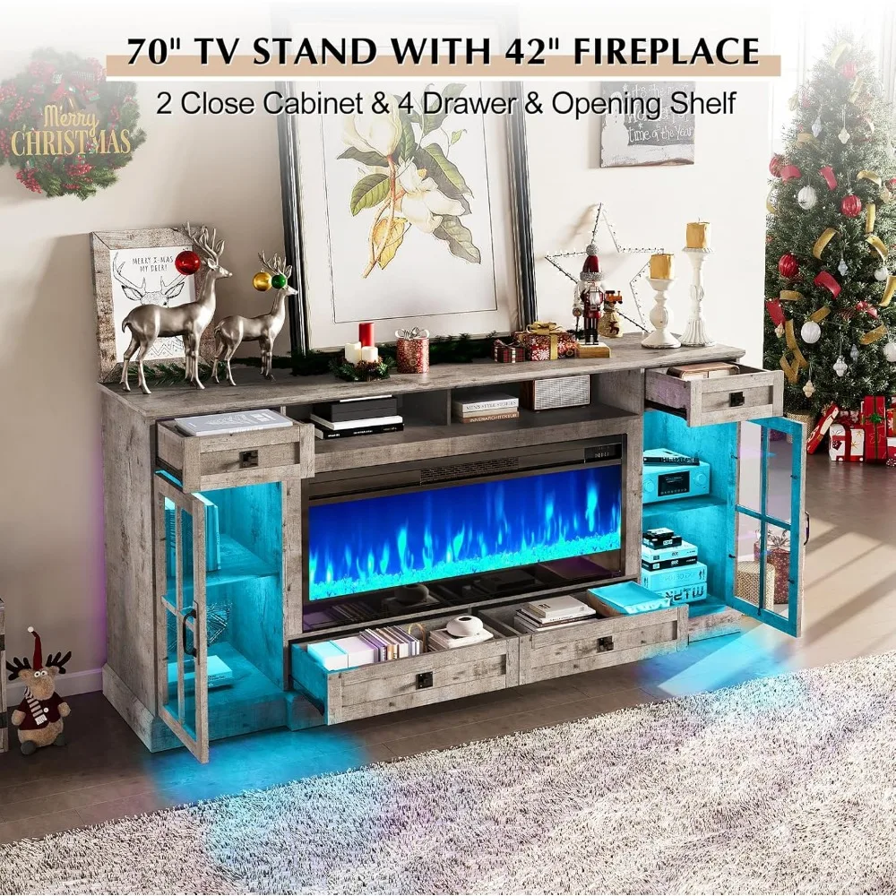70'' Fireplace TV Stand with 42" Fireplace, Farmhouse Entertainment Center with LED Lights for TVs Up To 80'', TV Console Table 5